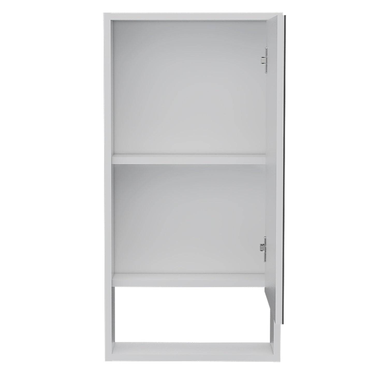 White open medicine cabinet with two shelves and silver hinges