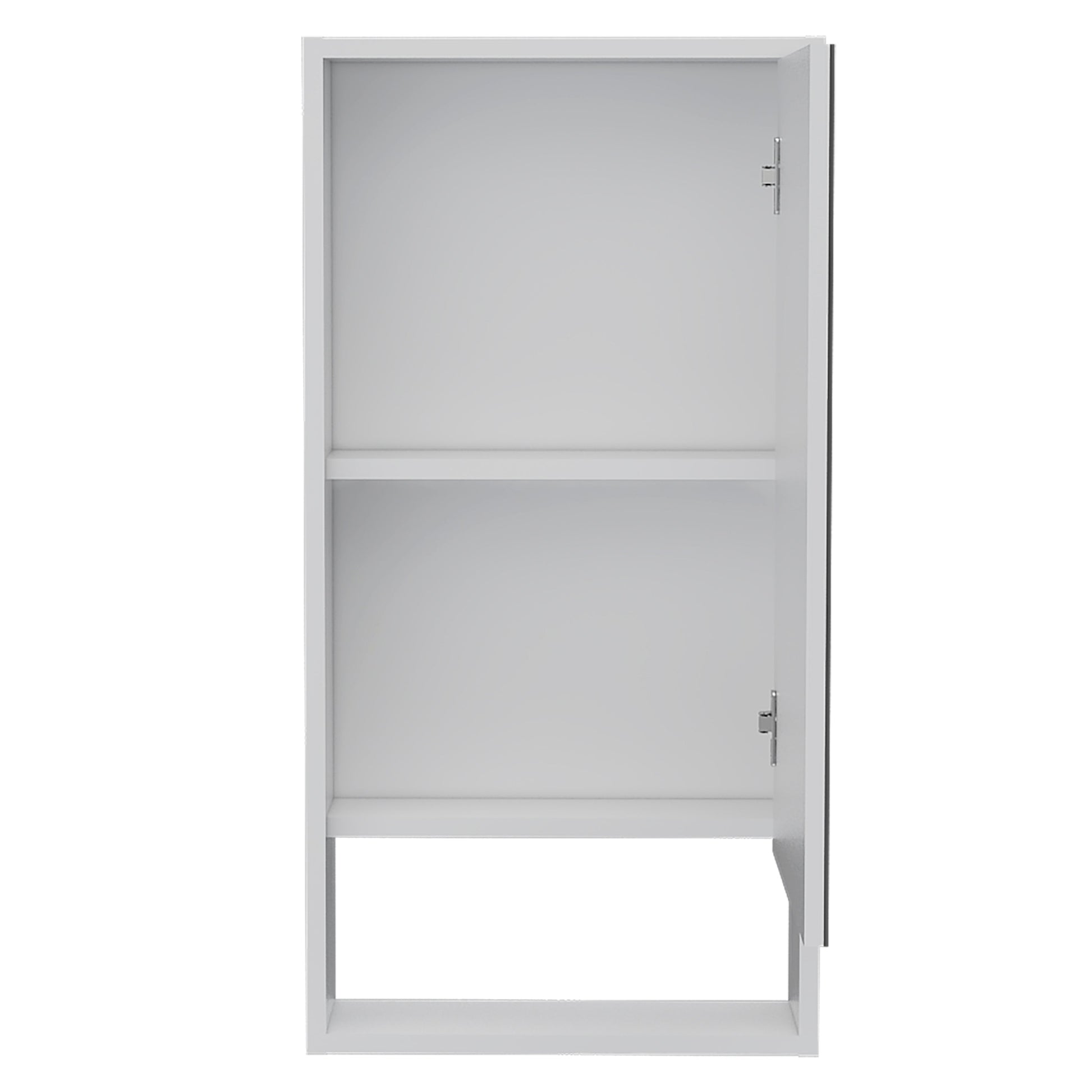 White open medicine cabinet with two shelves and silver hinges