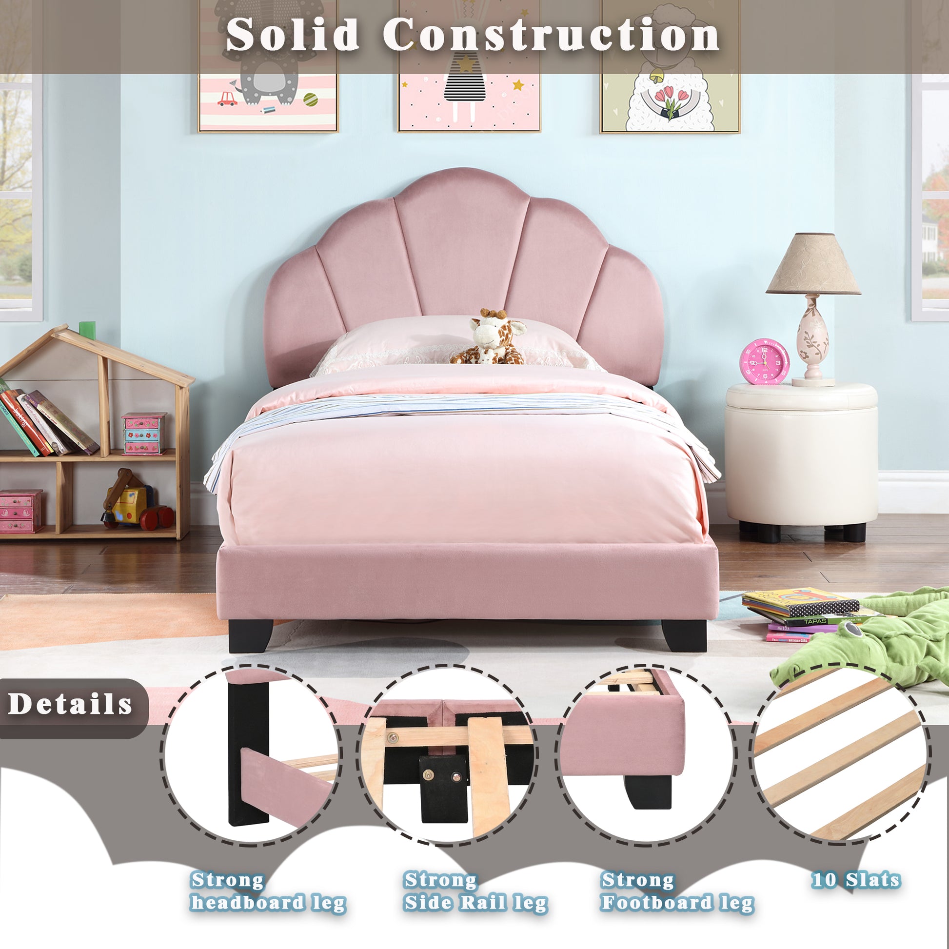 Pink velvet twin bed with scallop headboard