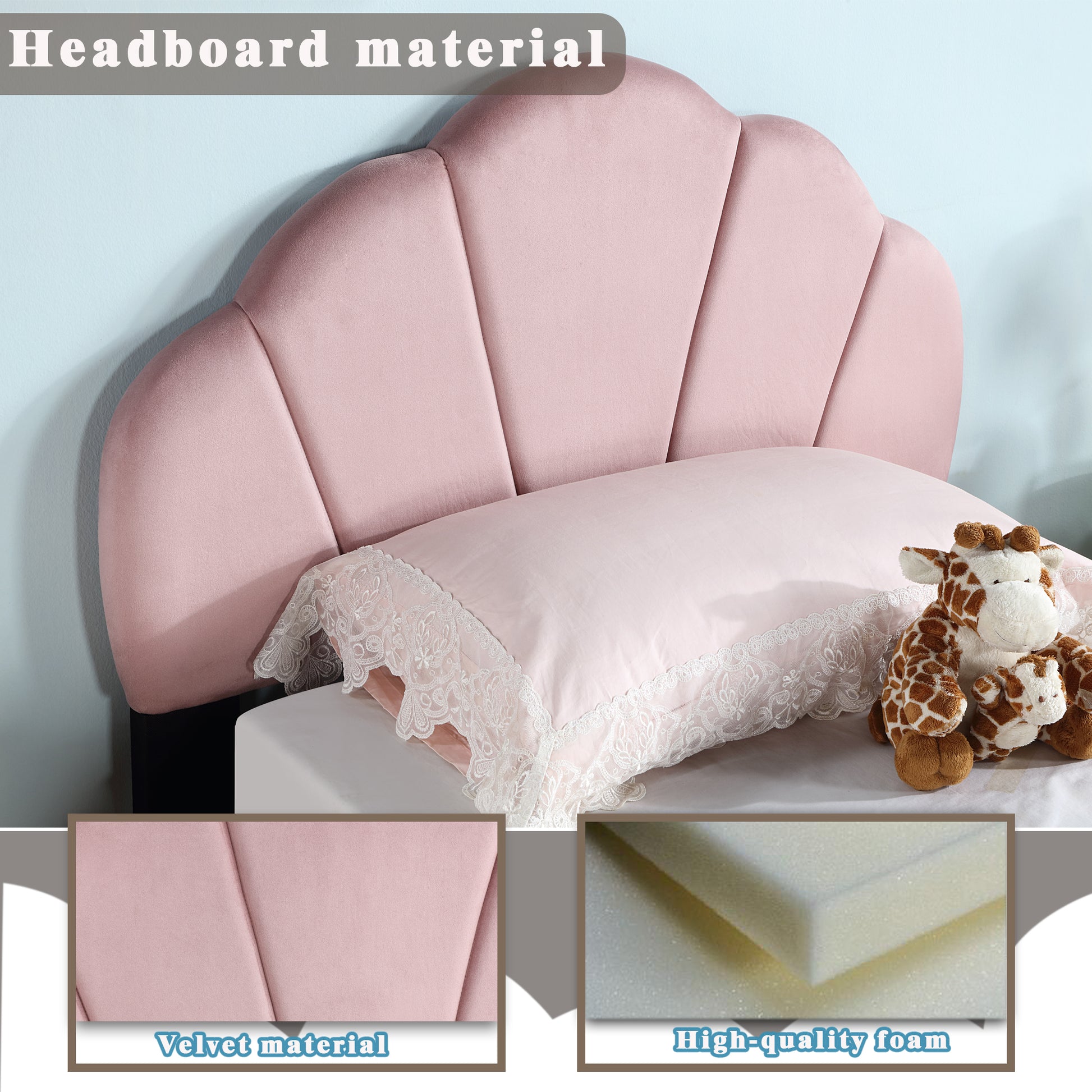 Pink velvet scalloped headboard with lacetrimmed pillow and giraffe plush toys