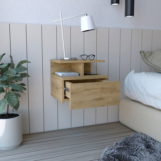 Floating oak bedside table with open drawer and shelf