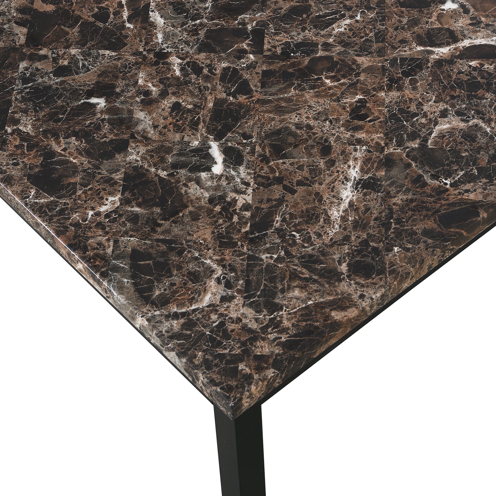 Closeup of dark brown marble tabletop with white veining