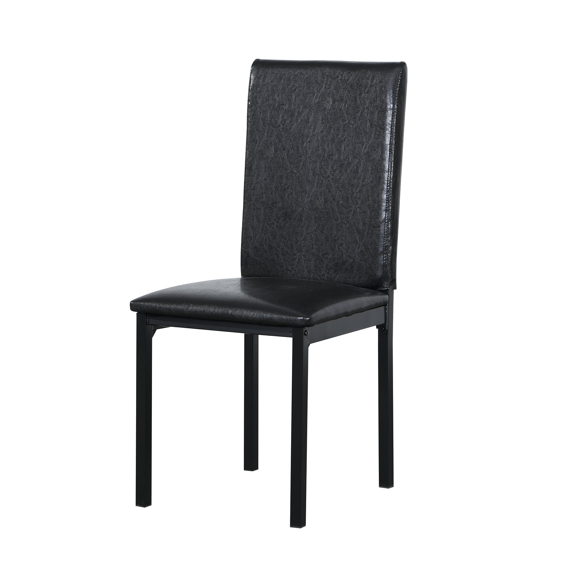 Black faux leather dining chair with a tall padded back and square metal legs