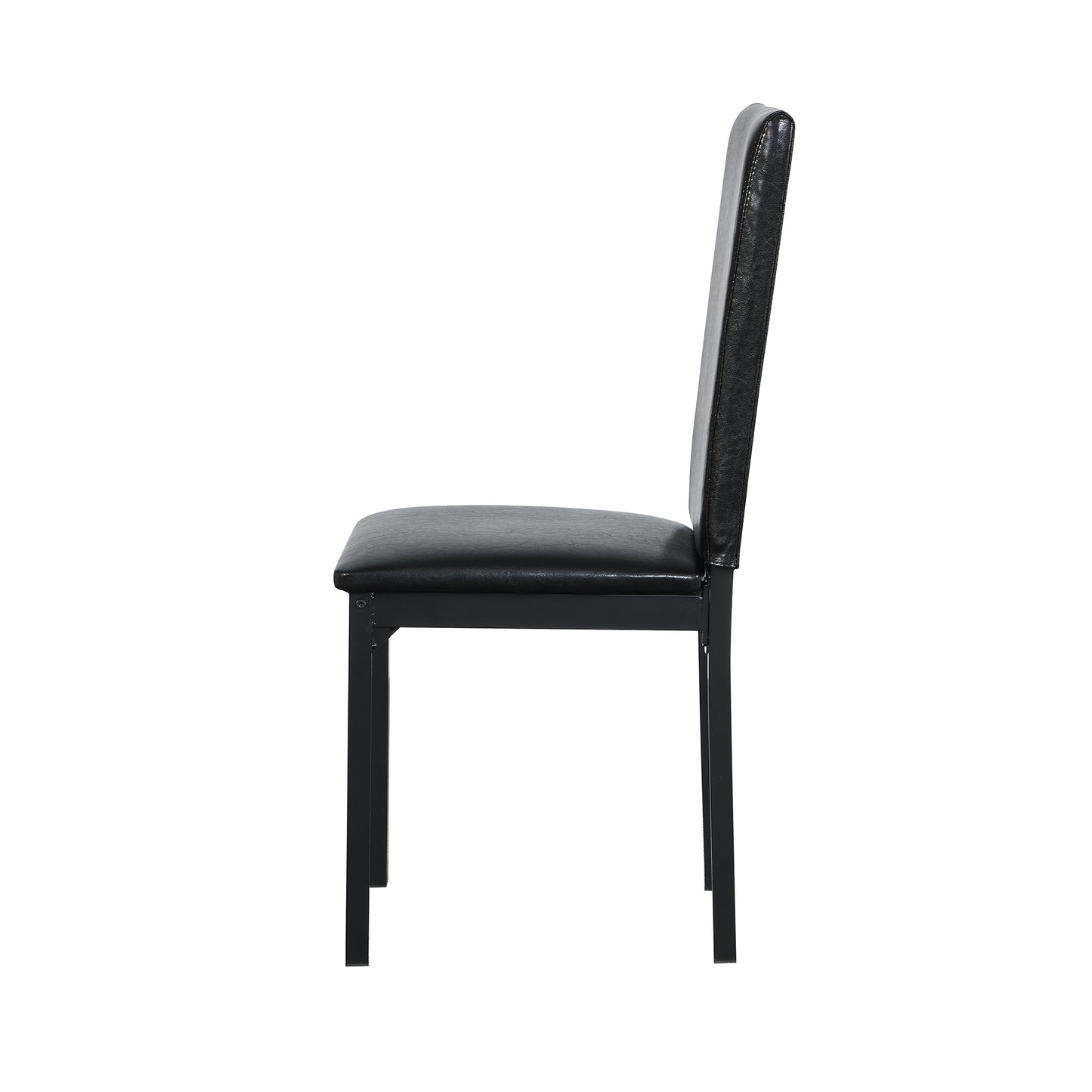 Black faux leather dining chair with padded seat and tall back