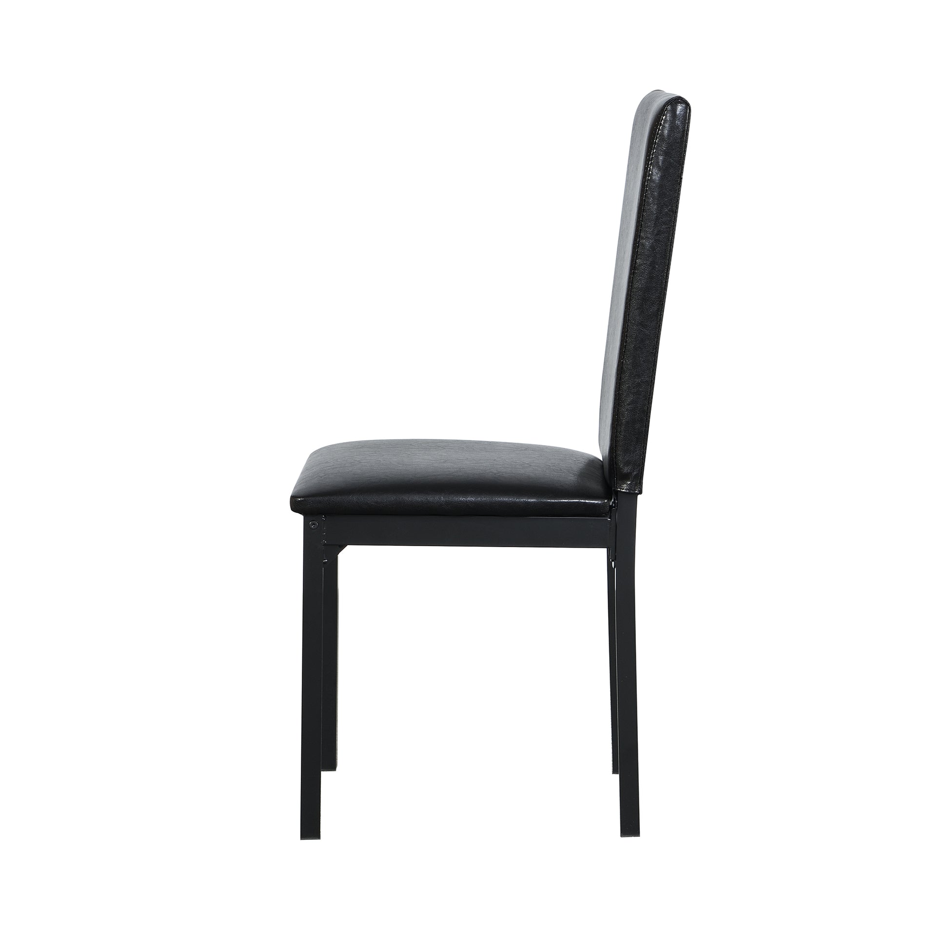 Black faux leather dining chair with padded seat and tall back