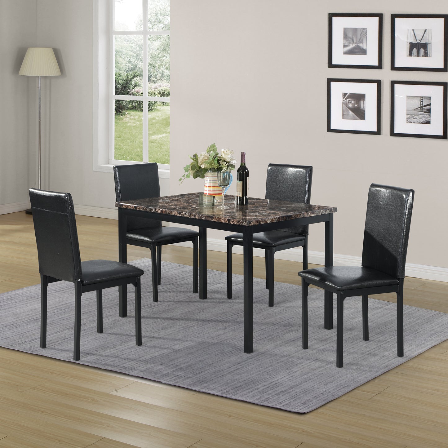 Square marble dining table with black faux leather chairs