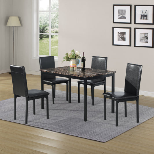 Square marble dining table with black faux leather chairs