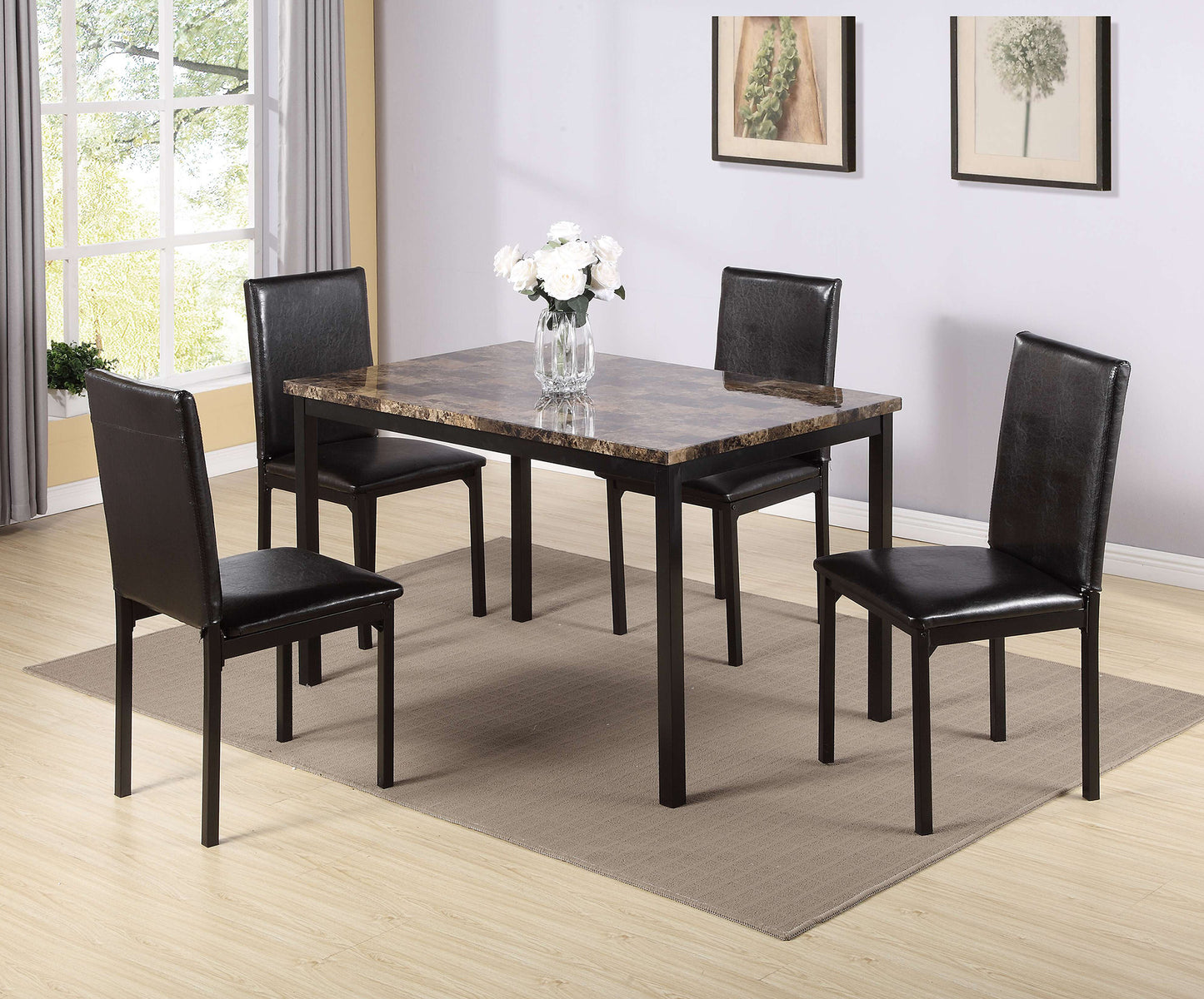 Marble top dining table set with four black faux leather chairs