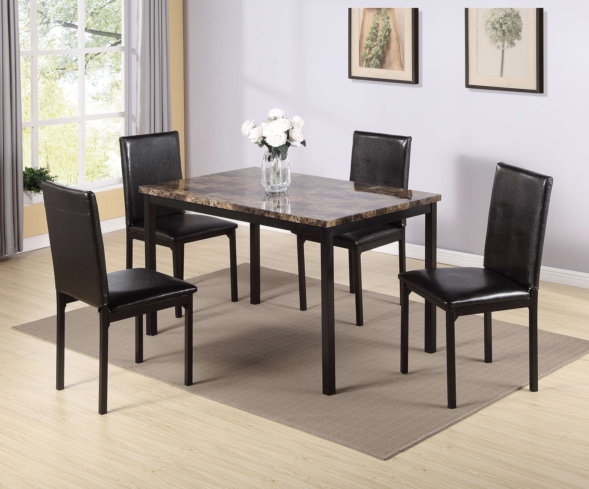 Marble top dining table set with four black faux leather chairs