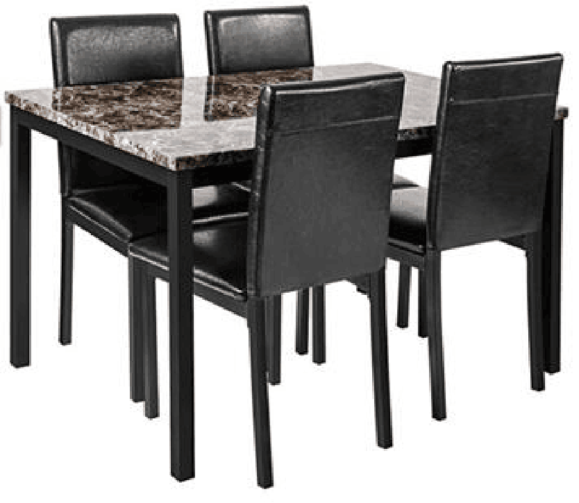 Black faux leather dining chairs with marbled top table