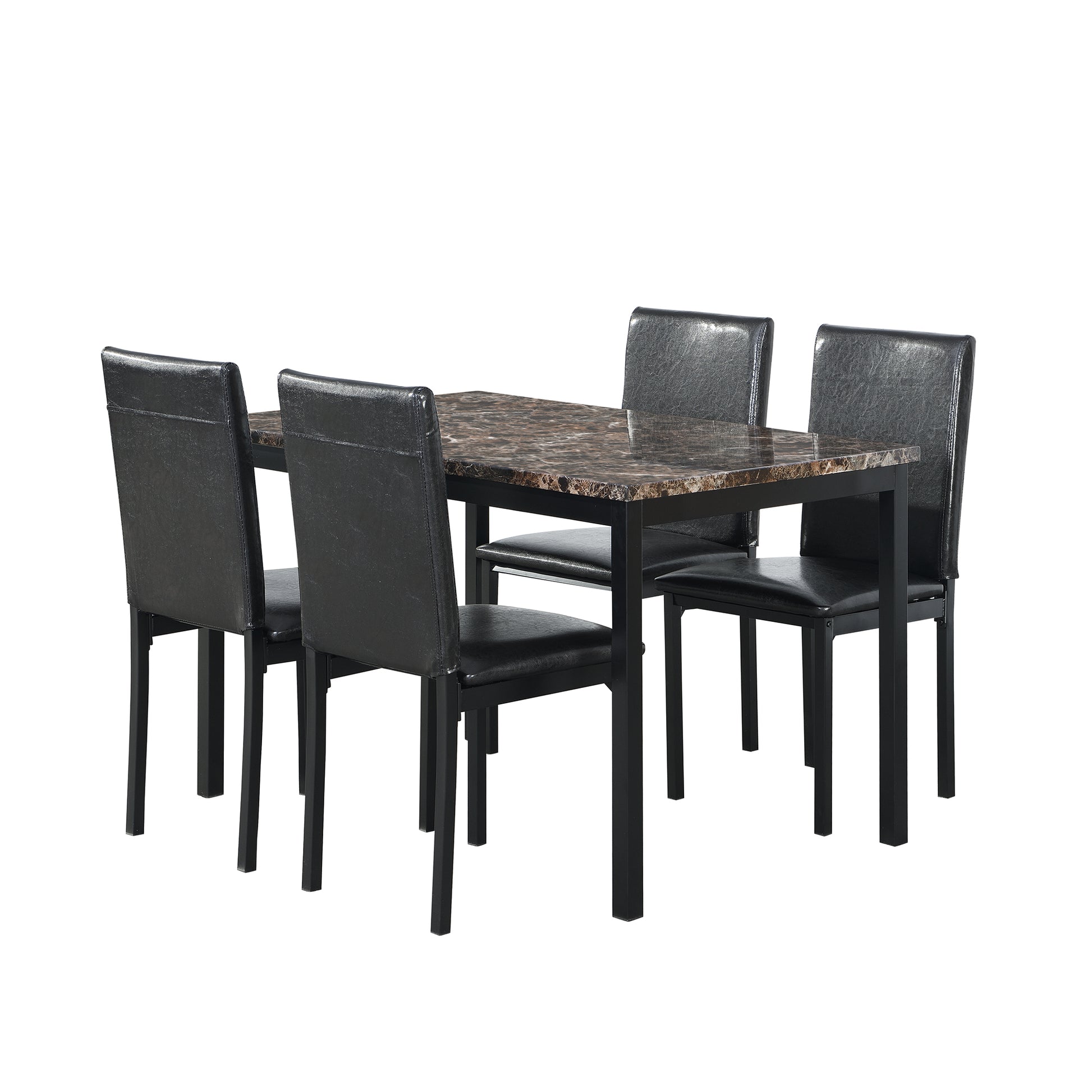 Rectangular marble dining table with four black faux leather chairs