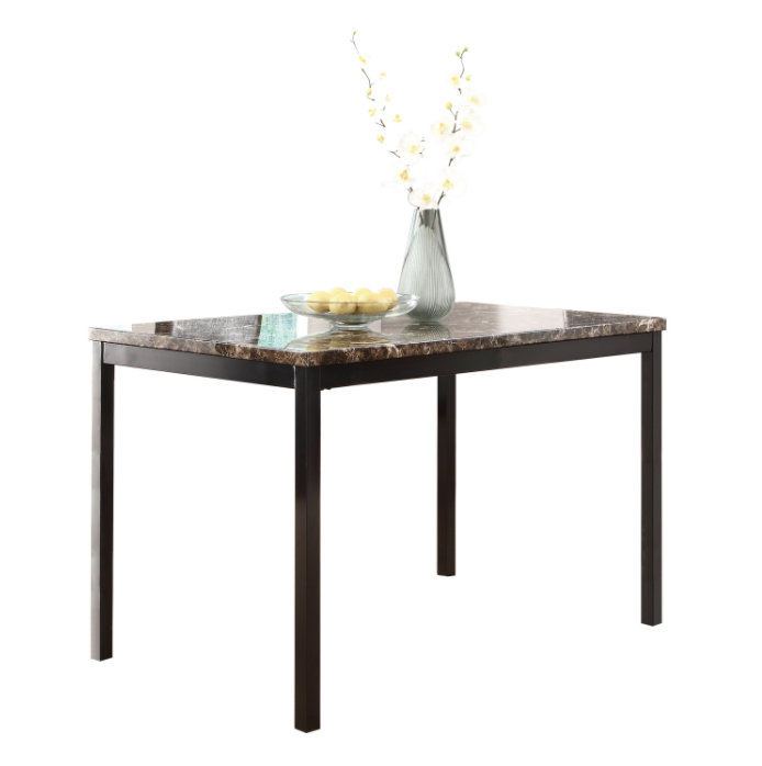 Square dining table with marble top and black metal legs