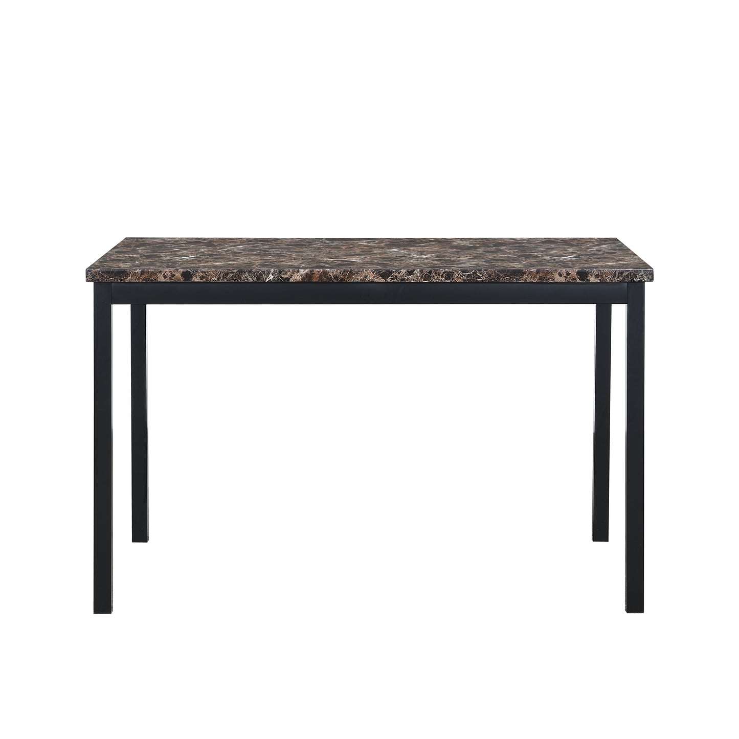 Brown marble top dining table with black metal legs