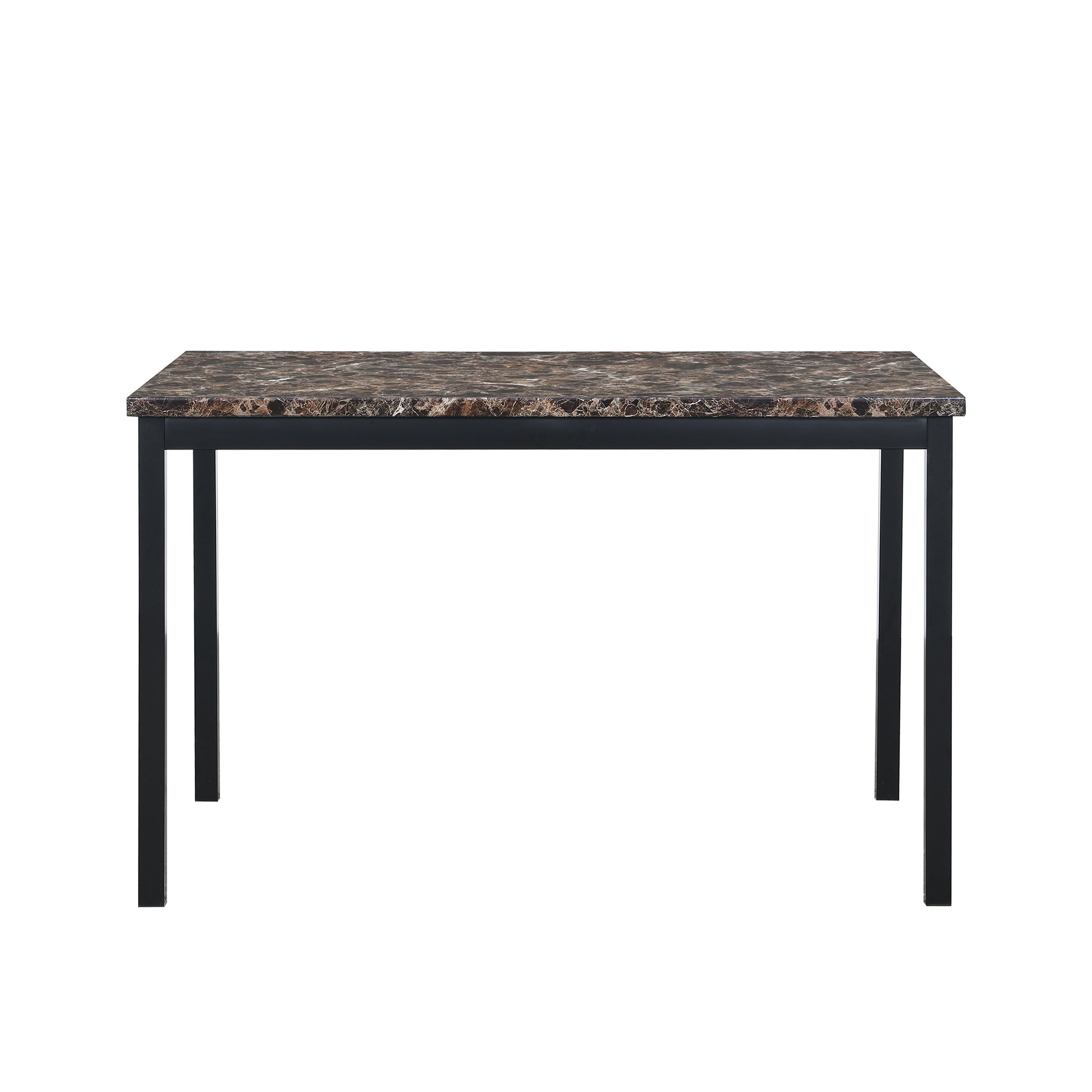 Brown marble top dining table with black metal legs