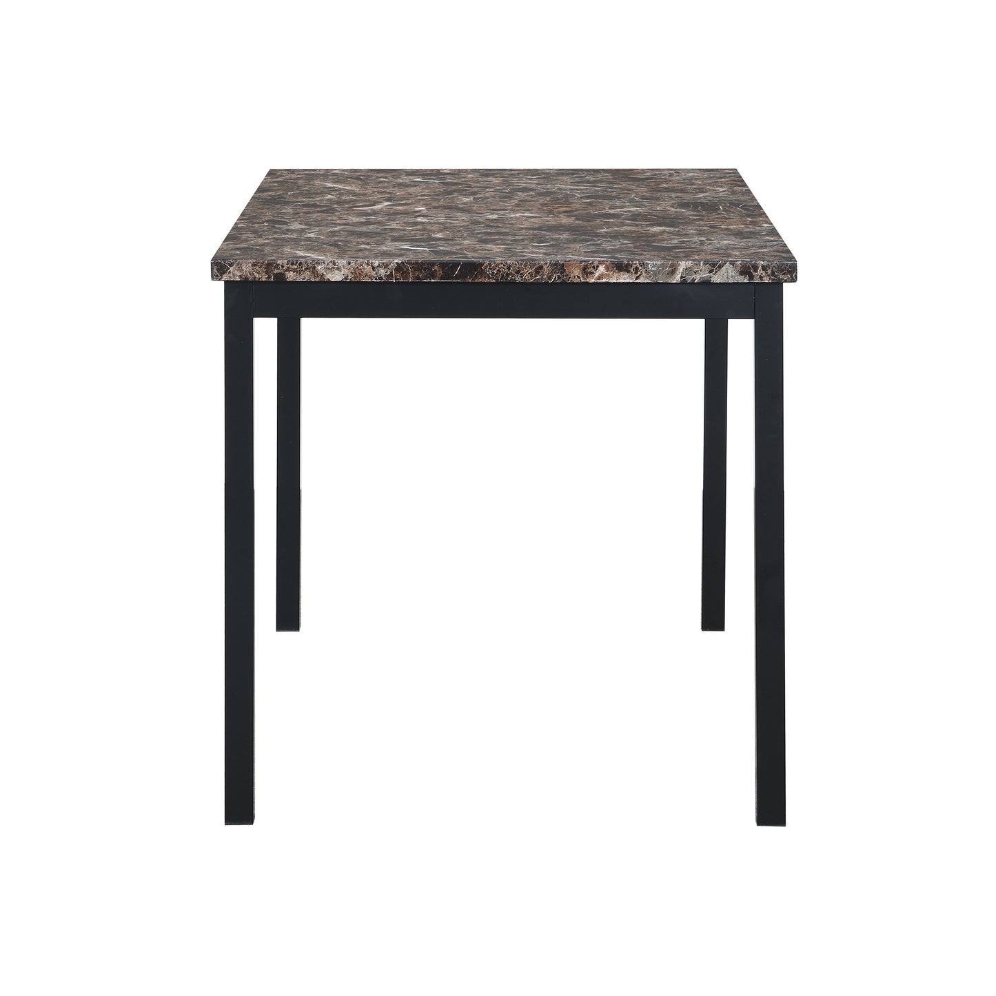Square dining table with dark brown marblelook top and black metal legs