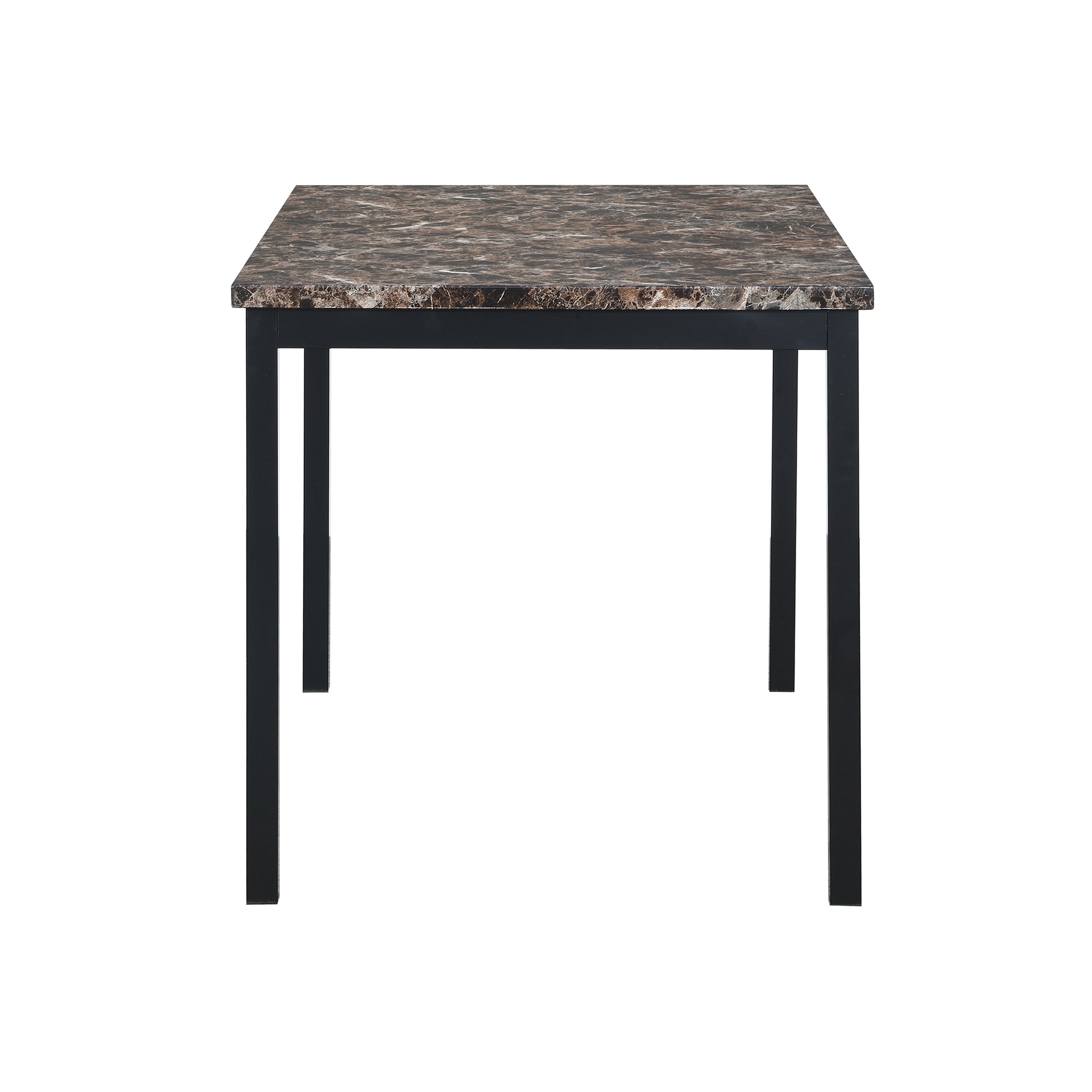 Square dining table with dark brown marblelook top and black metal legs
