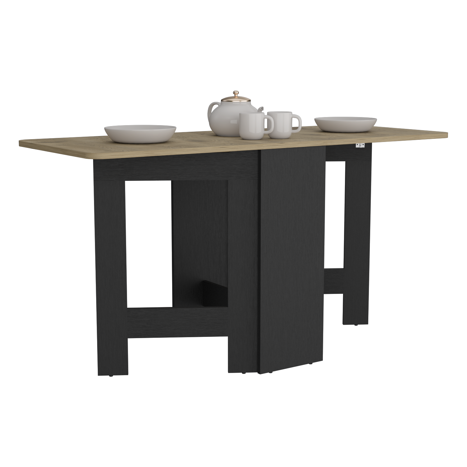 Compact drop leaf dining table with a black base and oakeffect top