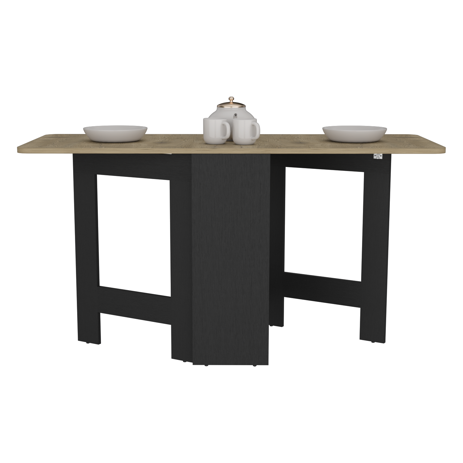 Modern black bar cart with light oak tabletop and two white bowls two mugs and a teapot