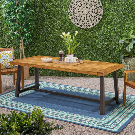 TREATLIFE HOME Outdoor Dining Table with Acacia Wood Top and Metal Frame, Seats Up to 8 People, Teak Color