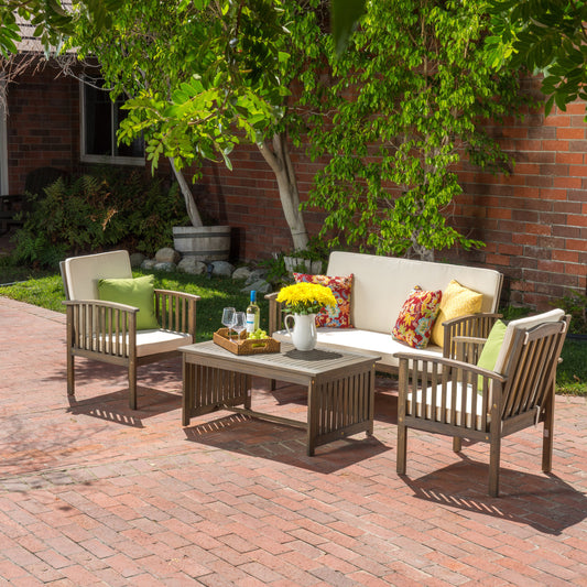 TREATLIFE HOME 4PC Chat Set Crafted from Acacia Wood, Water-Resistant Cushions, Soft Cream Gray Color, for Outdoor Leisure