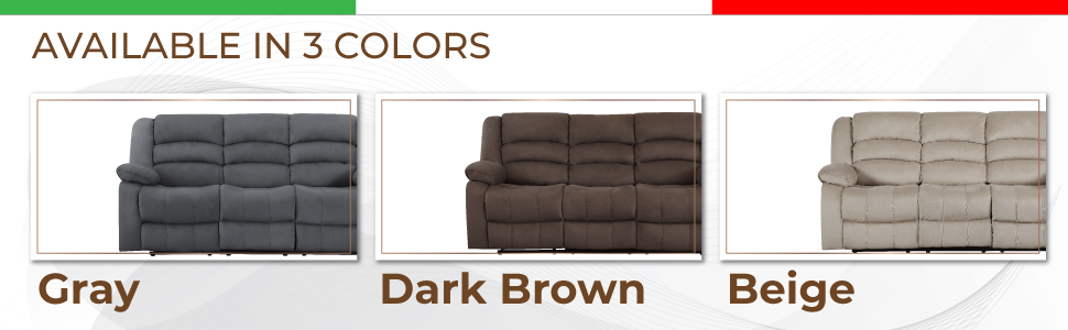Gray upholstered reclining sofa with plush cushions and adjustable headrests