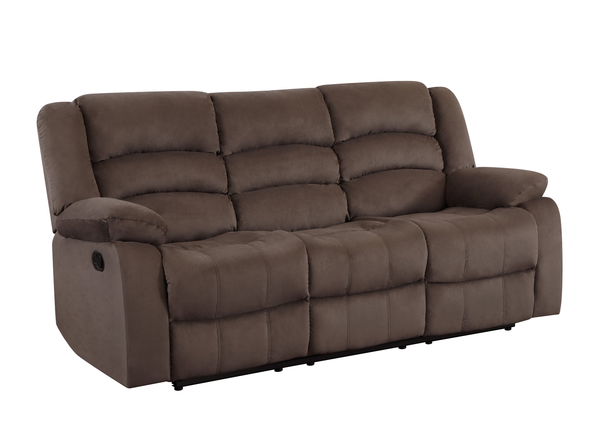 Threeseater brown suede reclining sofa with tufted cushions and metal lever