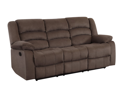Threeseater brown suede reclining sofa with tufted cushions and metal lever