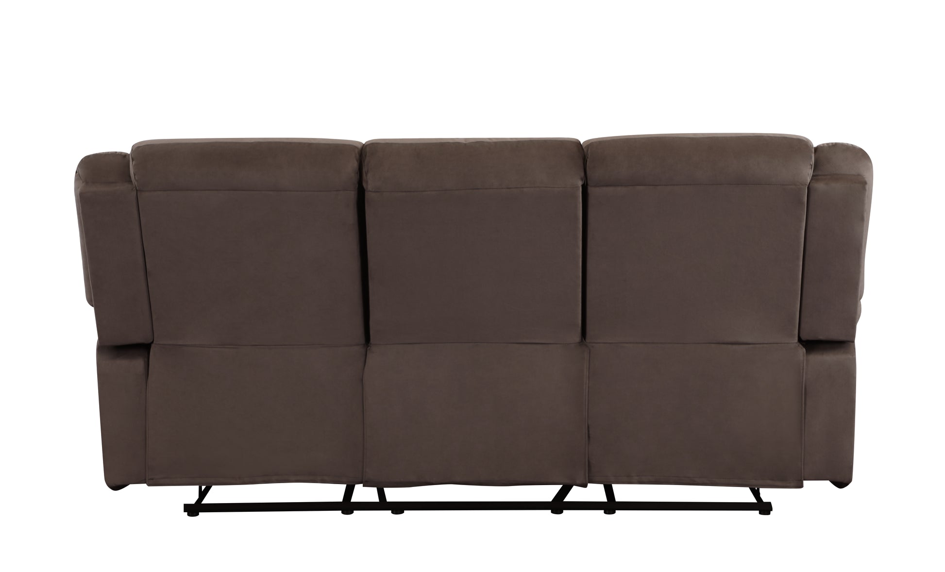 Rear view of a comfortable brown fabric threeseater recliner sofa