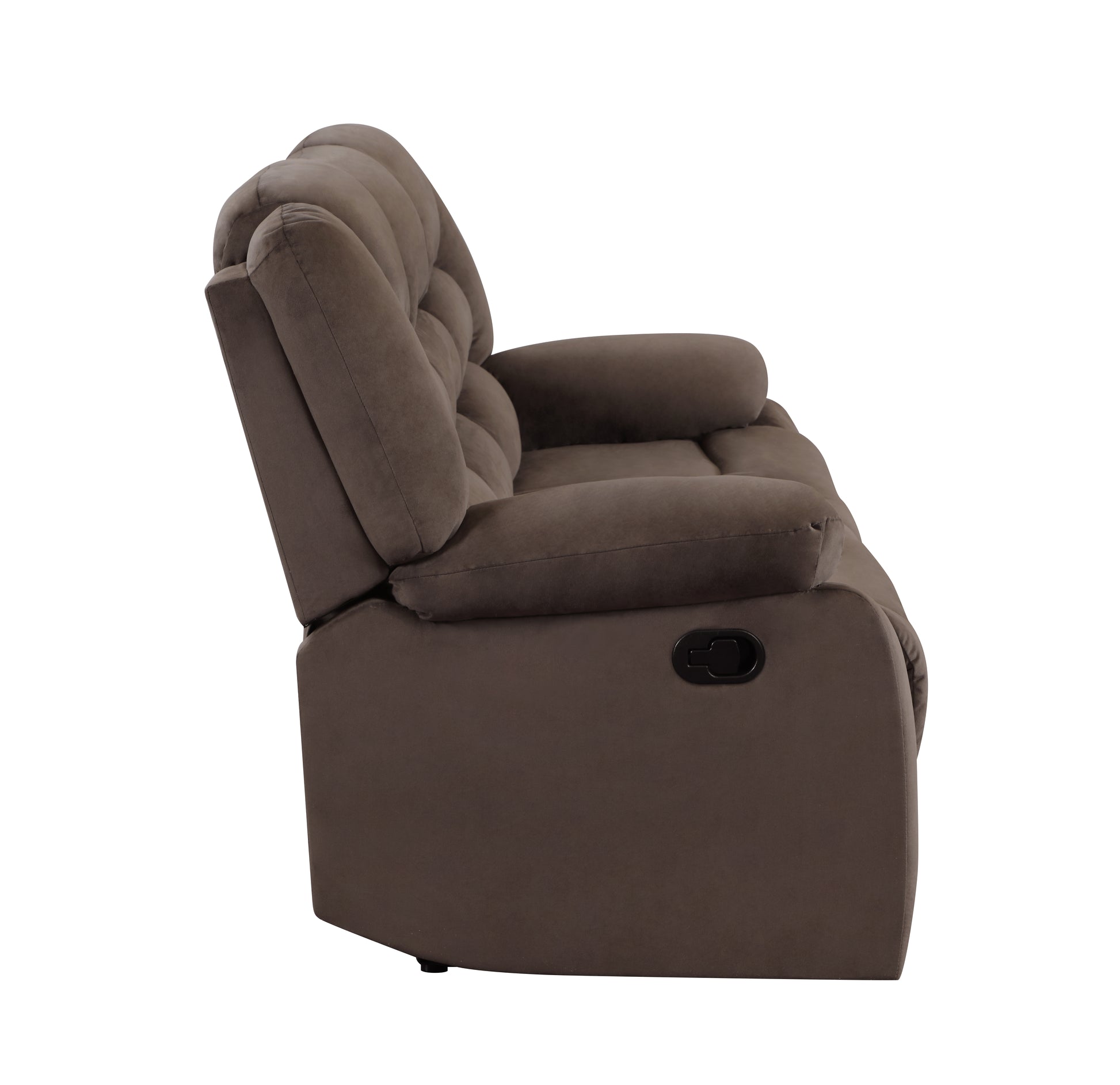 Brown fabric reclining loveseat with tufted back and plush armrests