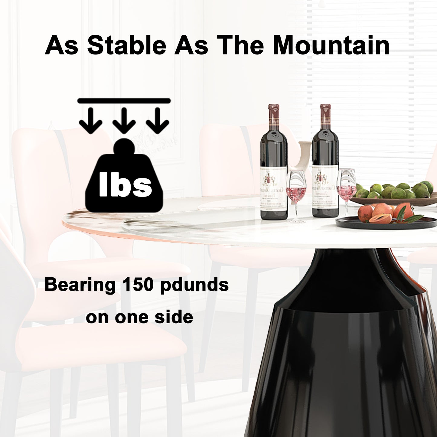 Round dining table with marble top black pedestal base bearing  lbs capacity