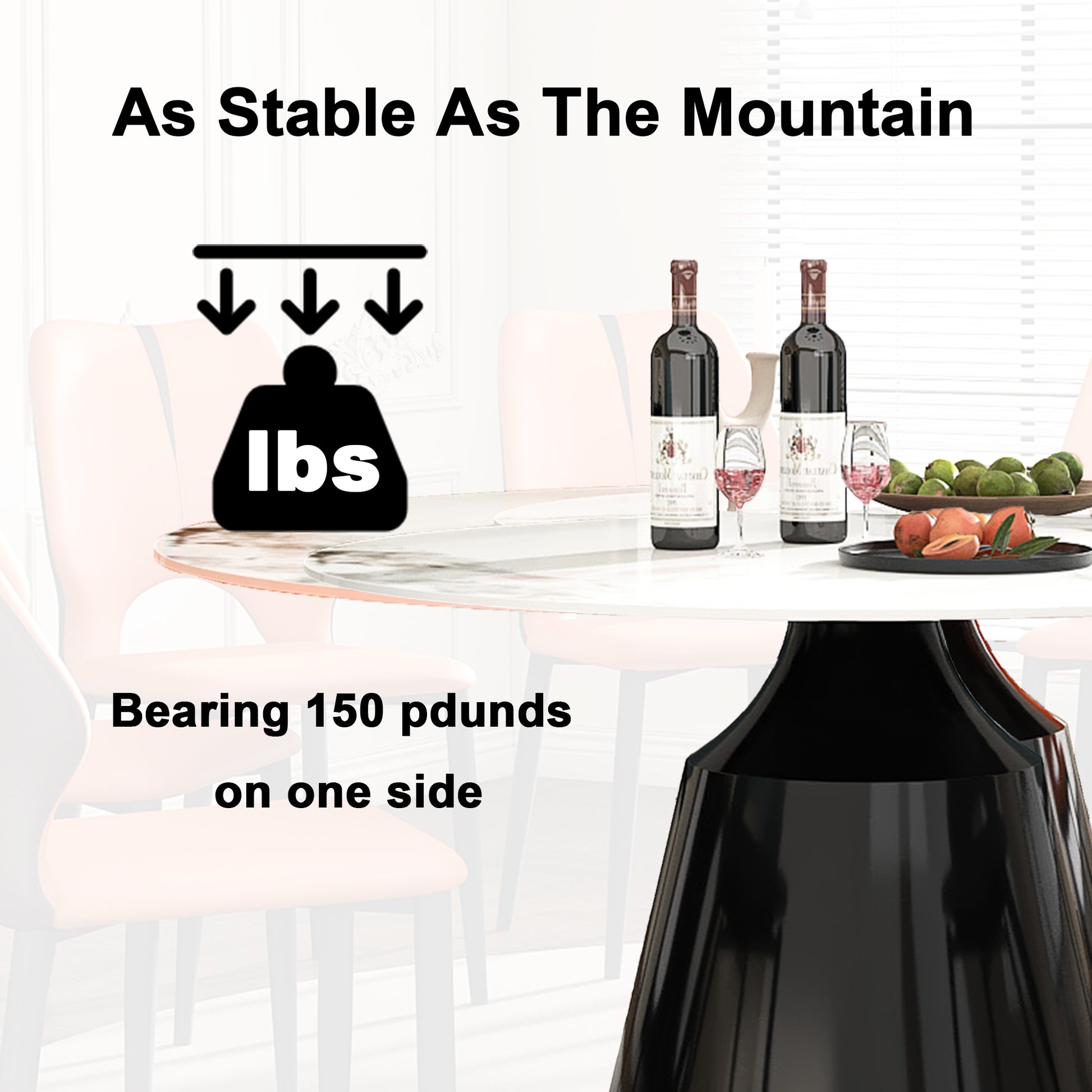 Round dining table with marble top black pedestal base bearing  lbs capacity