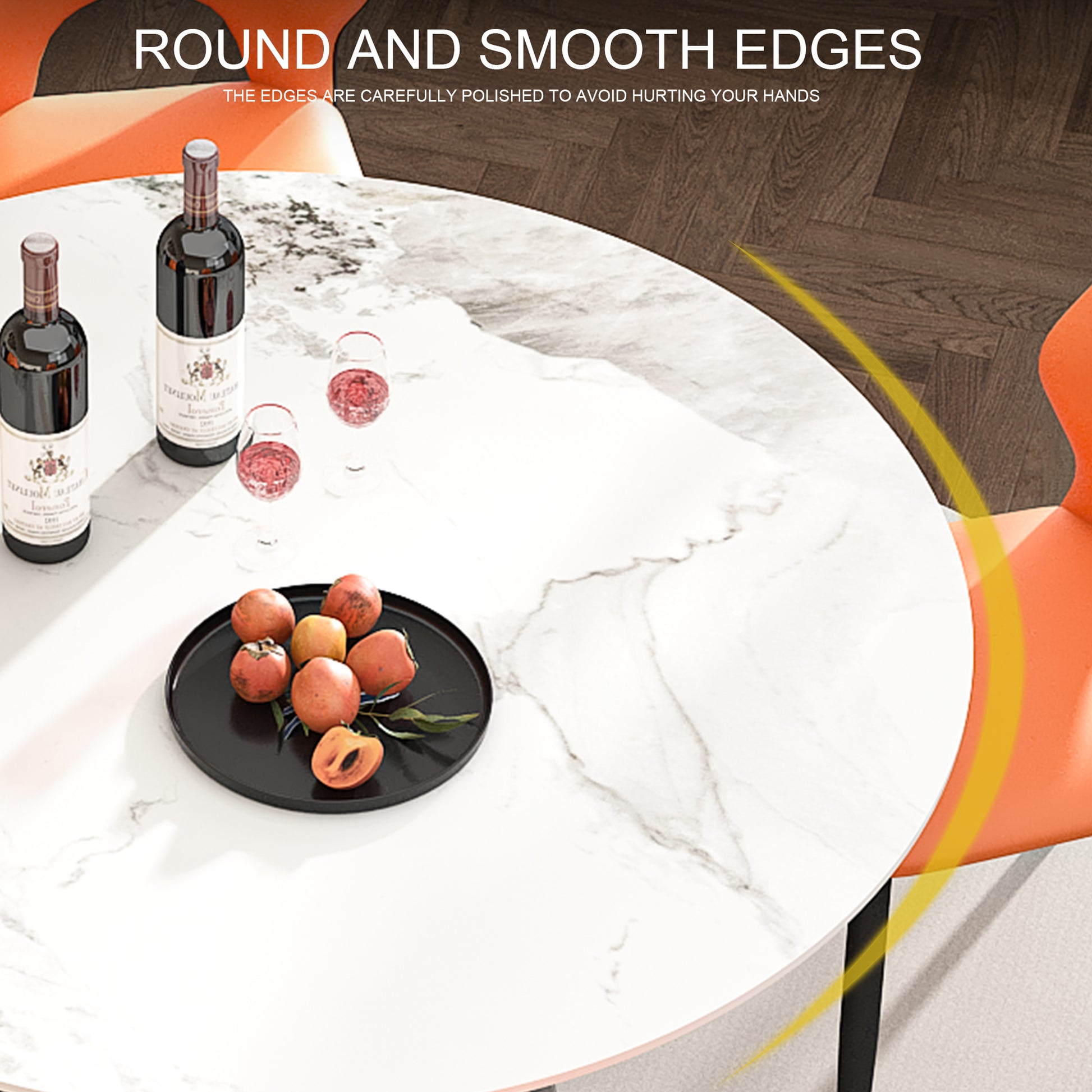 Round marble dining table with fruit and wine perfect for family meals