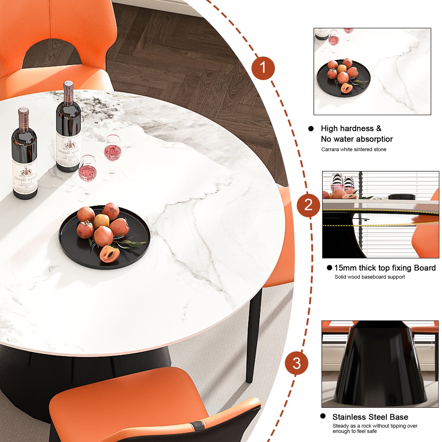 Carrara white sintered stone tabletop with wine bottles and fruit