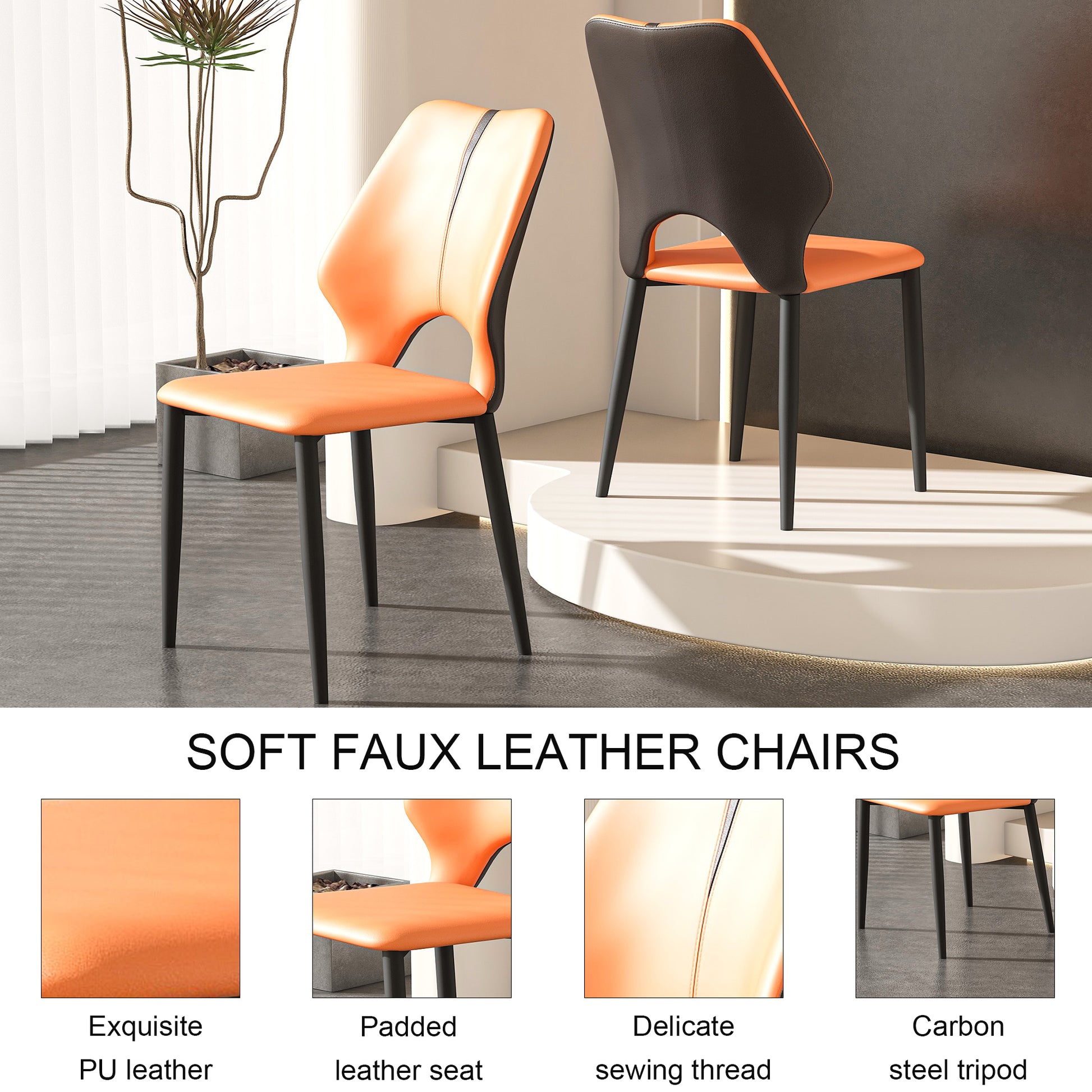 Orange modern dining chair with black faux leather seat and dark back