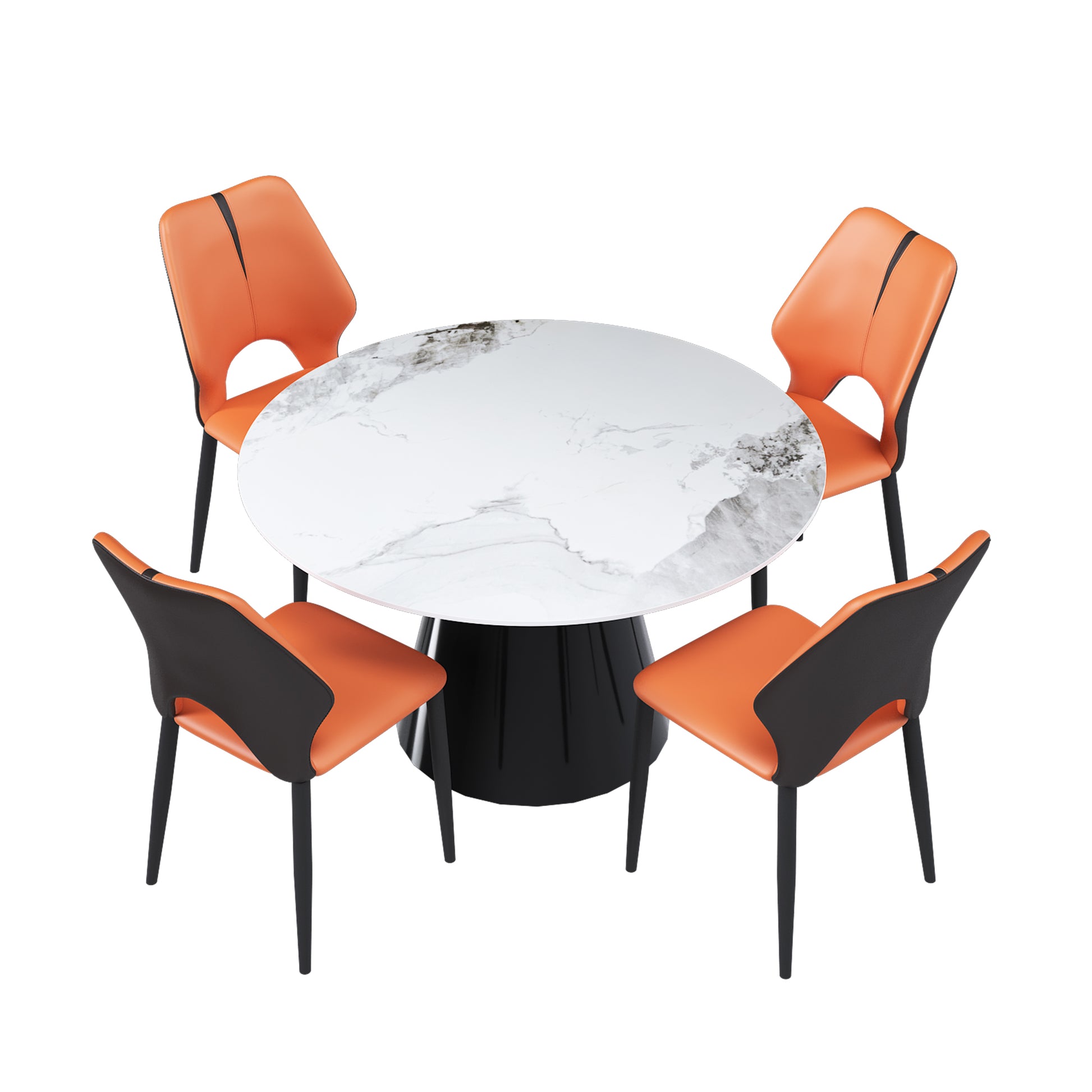 Modern round dining table set with four orange faux leather chairs