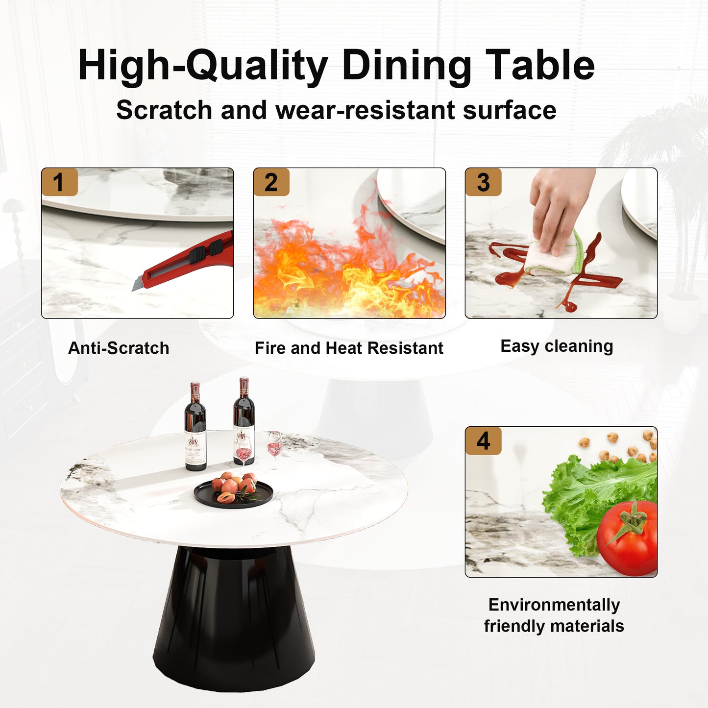 Round marble dining table with black conical base
