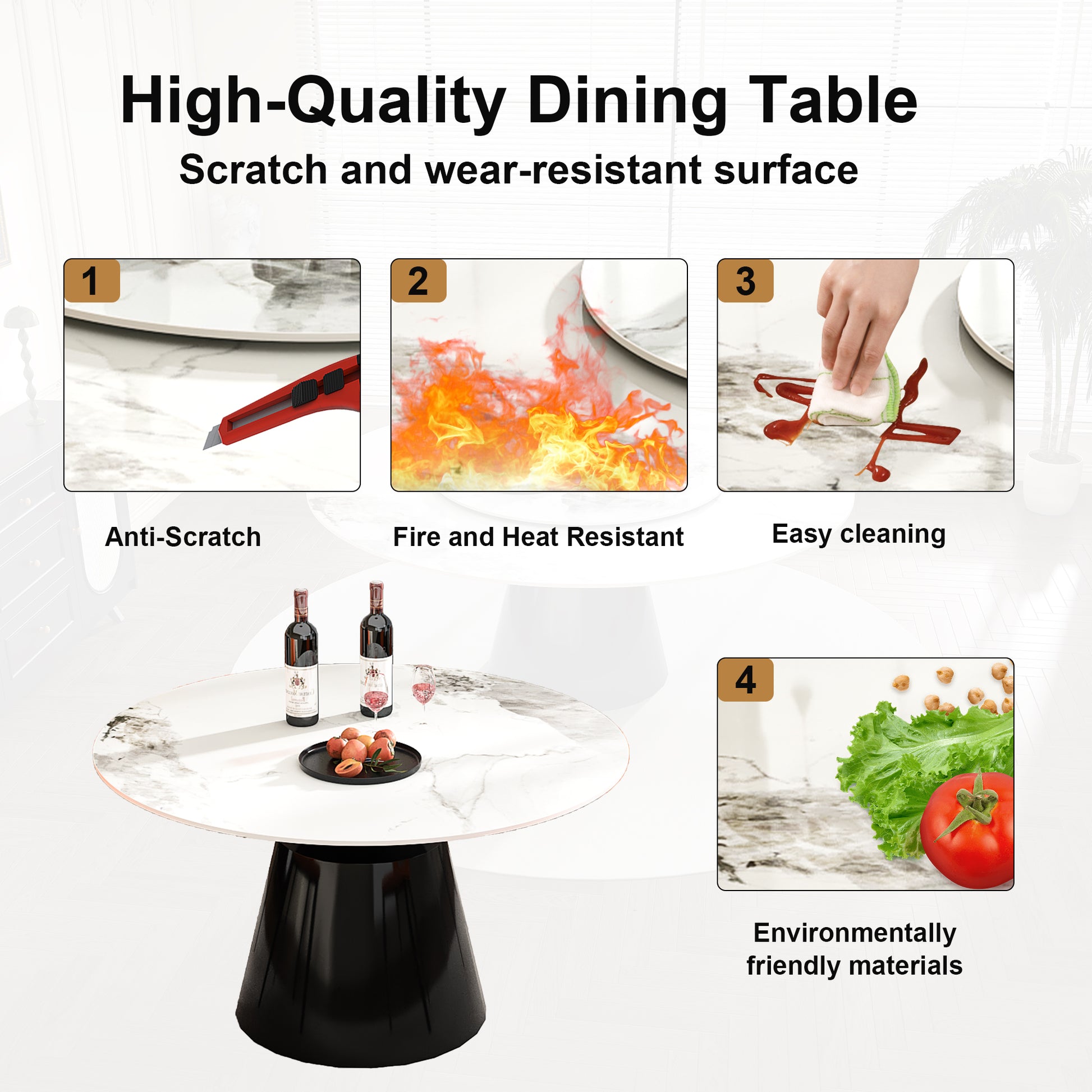 Round marble dining table with black conical base