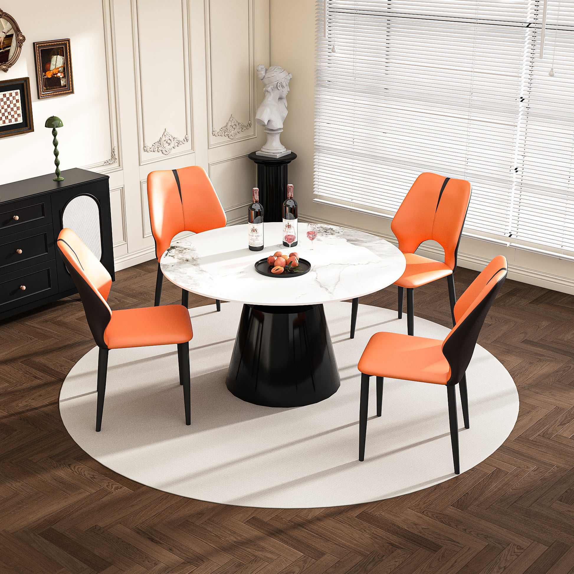Orange upholstered dining chair with black accents and legs