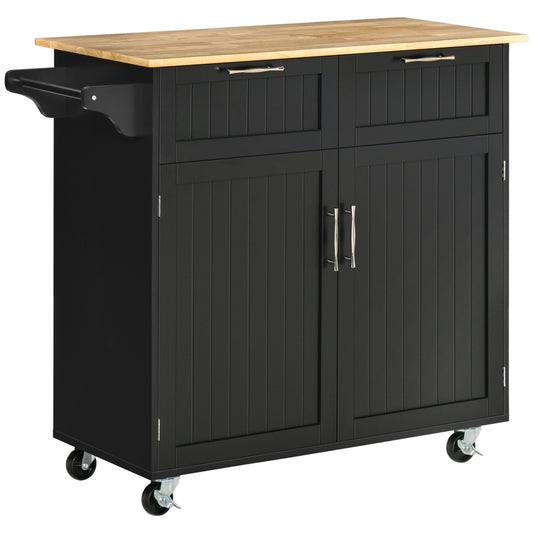 Black kitchen cart with wooden top and pullout shelf