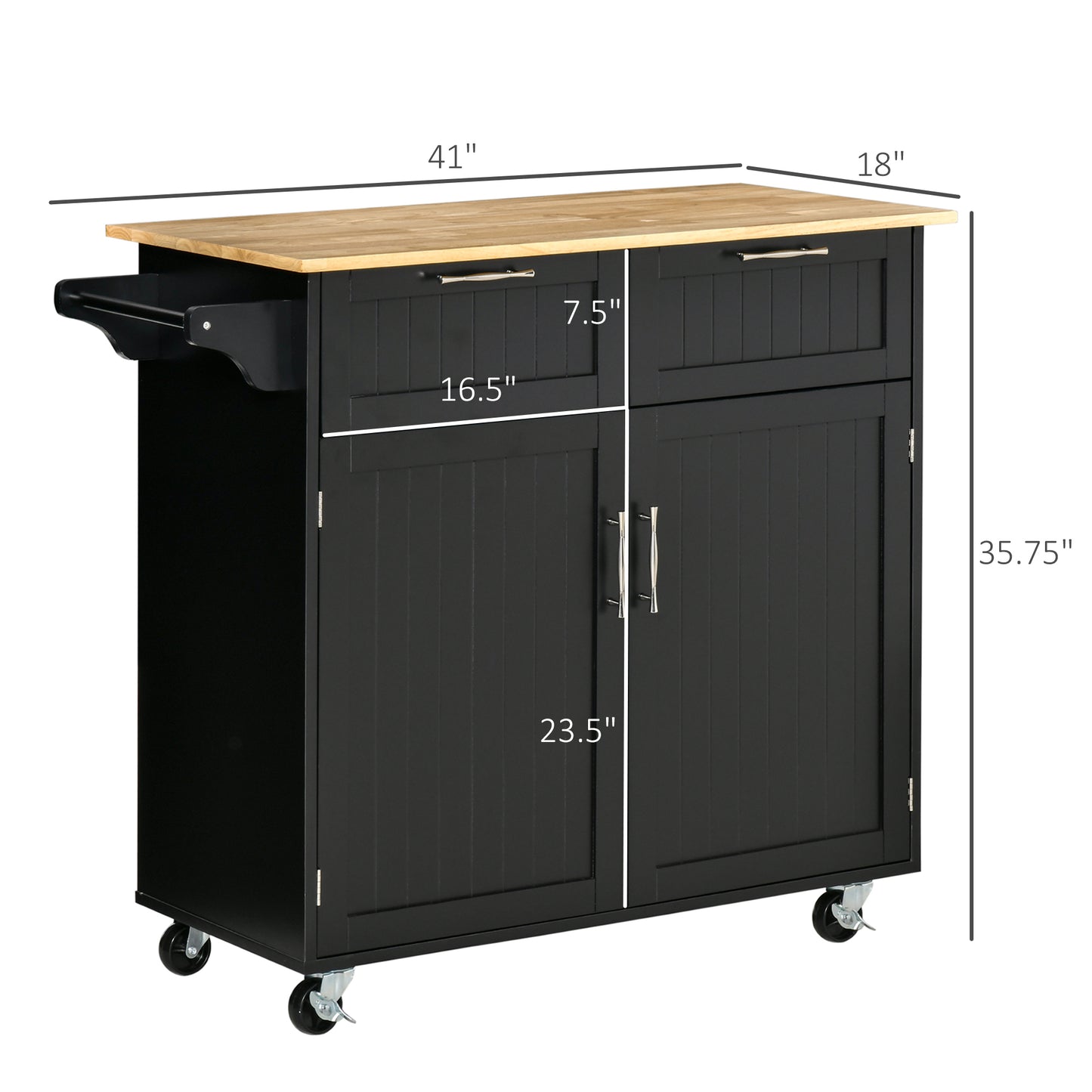 Black kitchen island with natural wood top two drawers and cabinet storage