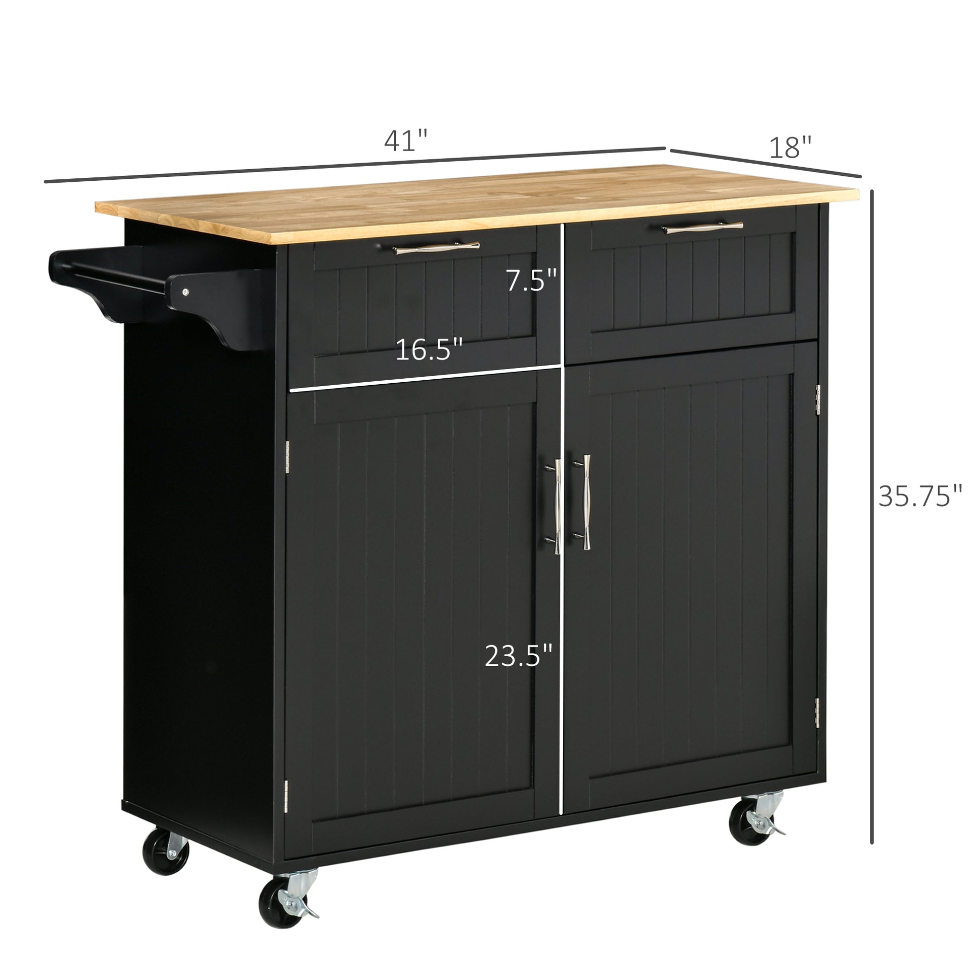 Black kitchen island with natural wood top two drawers and cabinet storage