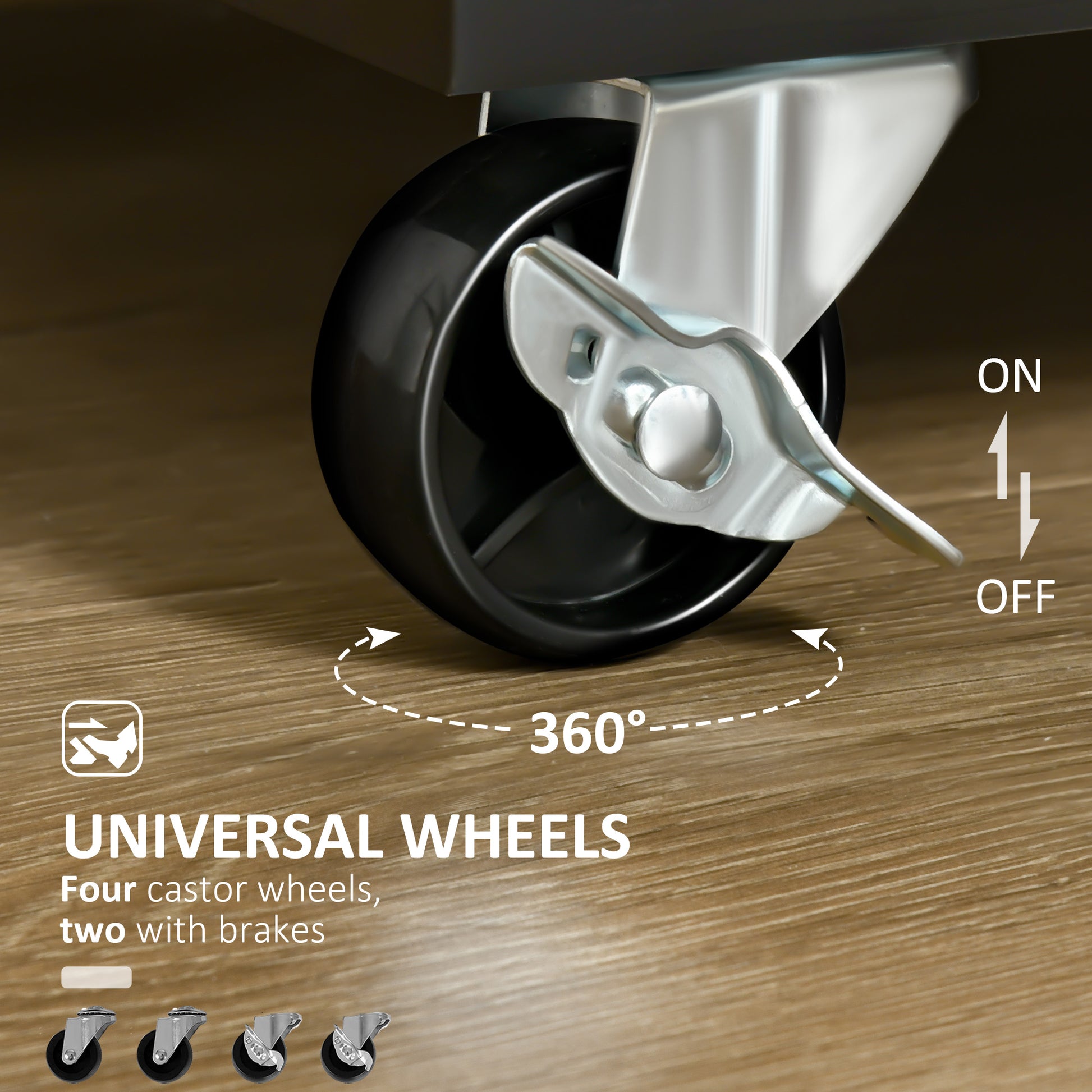 Black castor wheel with metal bracket and brake lever for easy mobility