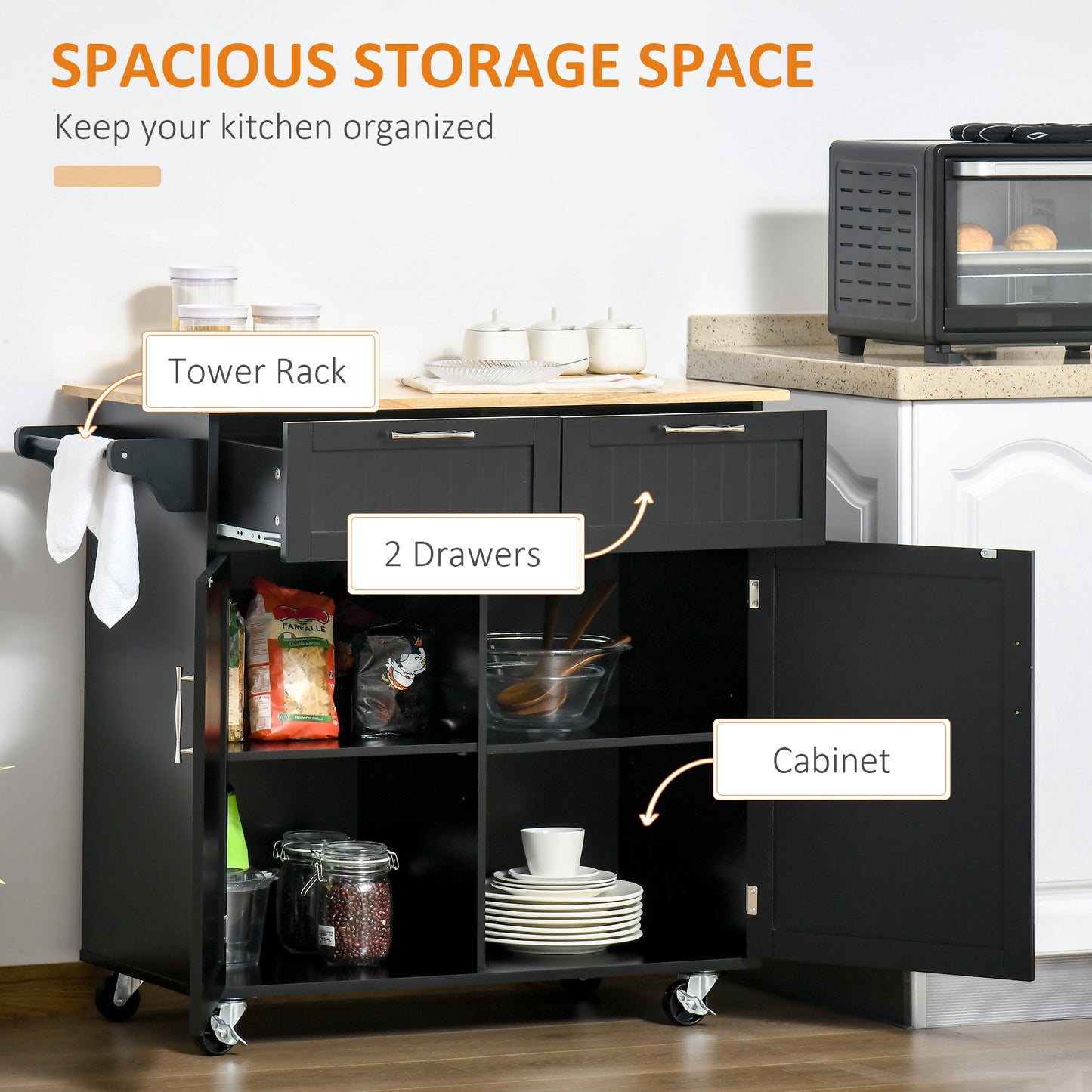 Black kitchen cart with tower rack two drawers and cabinet storage for organized kitchens