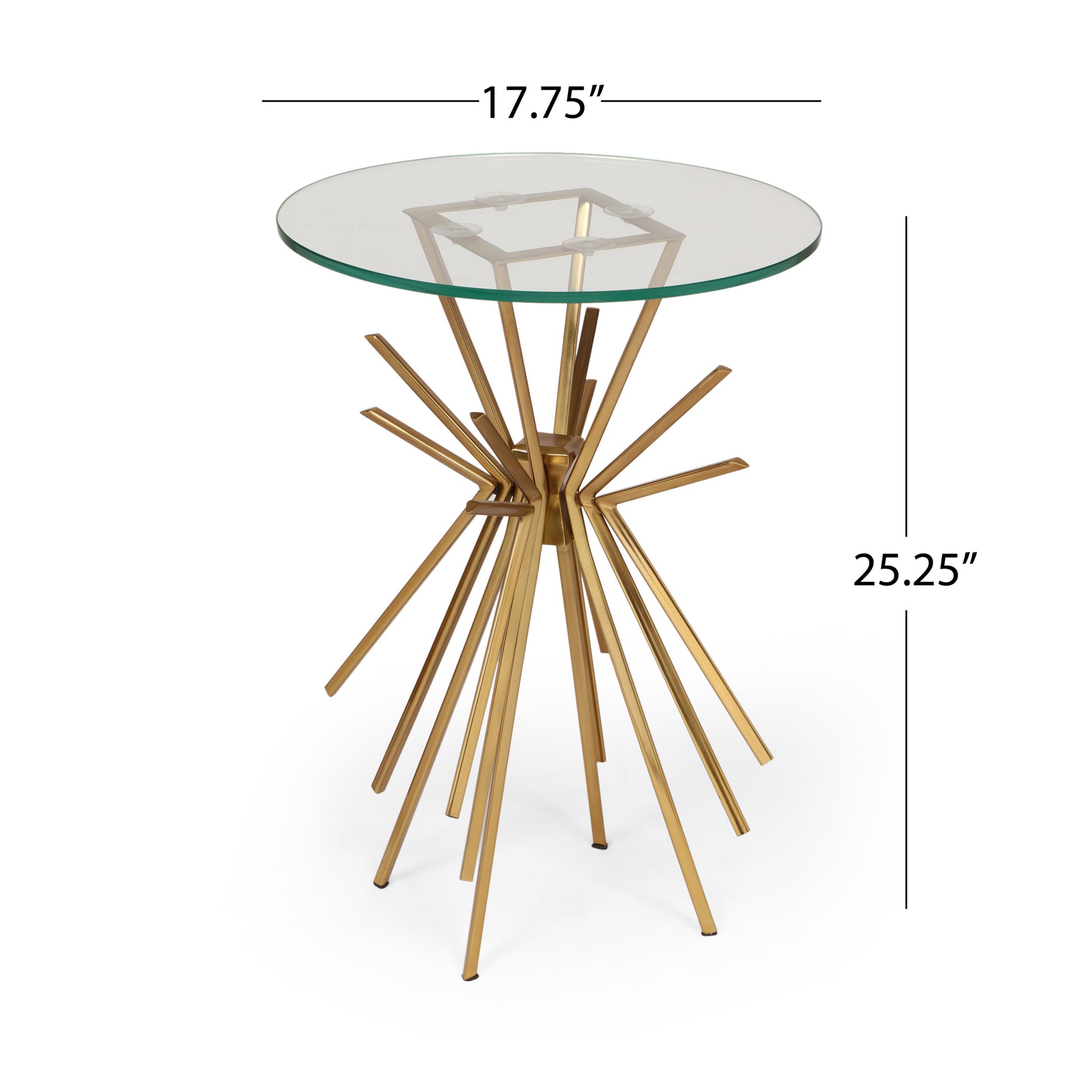 Round glass side table with a starburst brass base