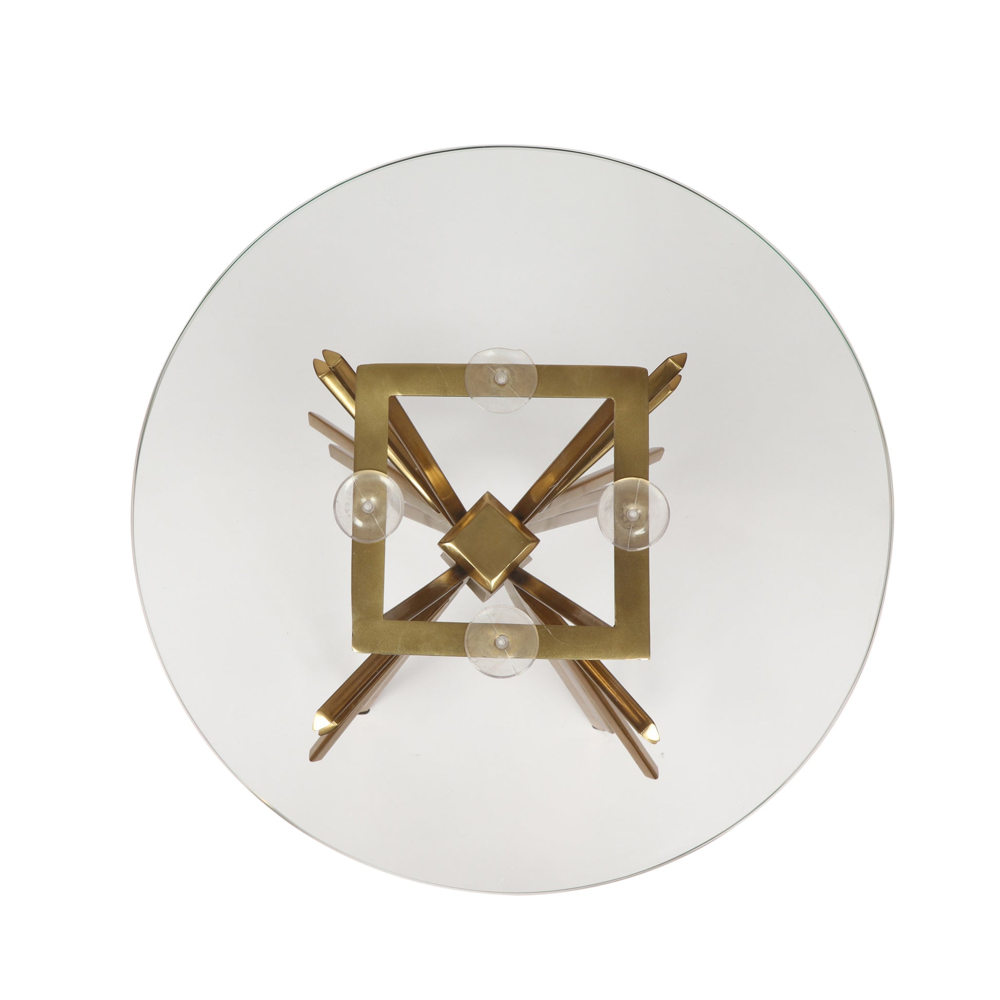 Clear glass top coffee table with brass geometric base art deco style