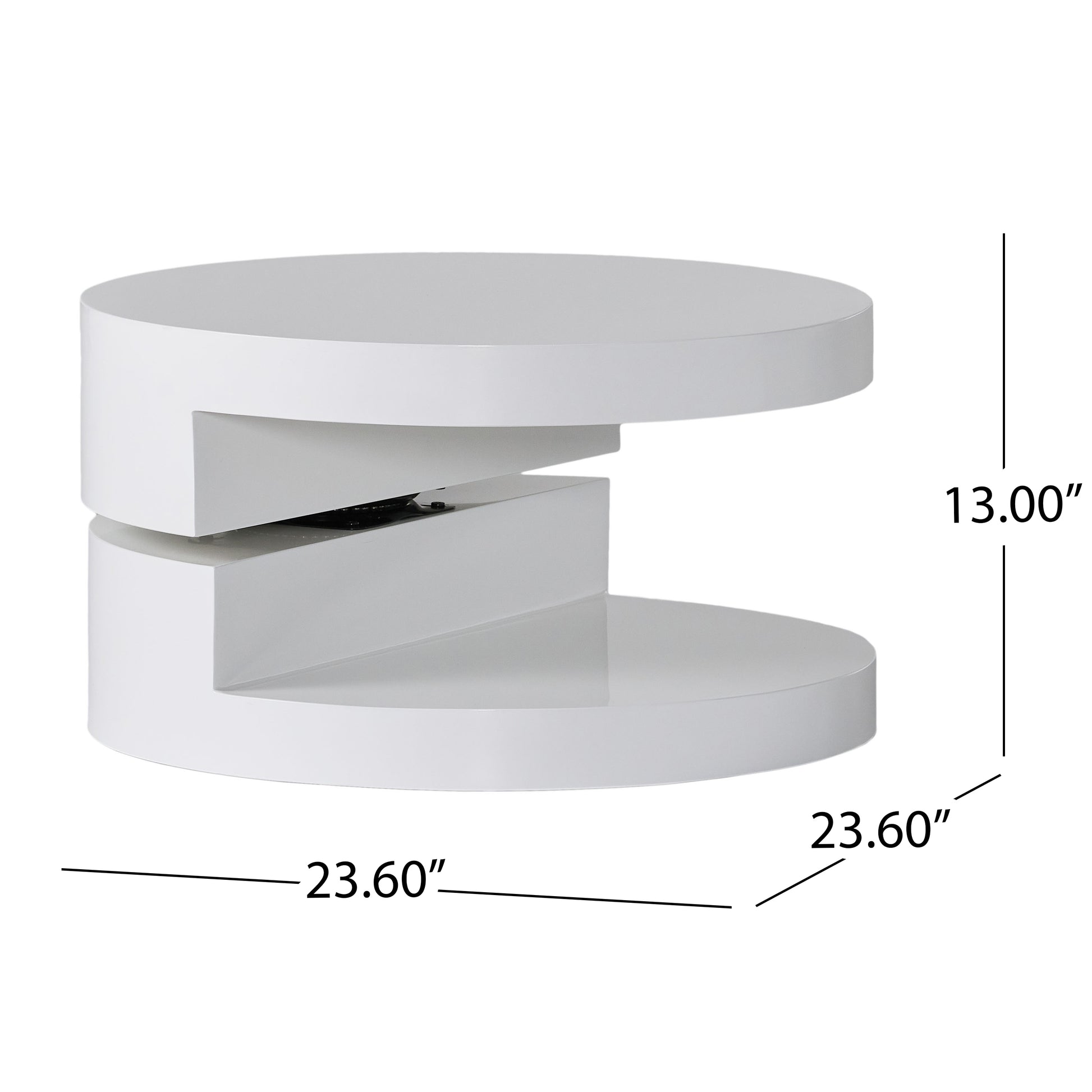 Modern white gloss rotating coffee table with a unique open center design and brushed metal accents