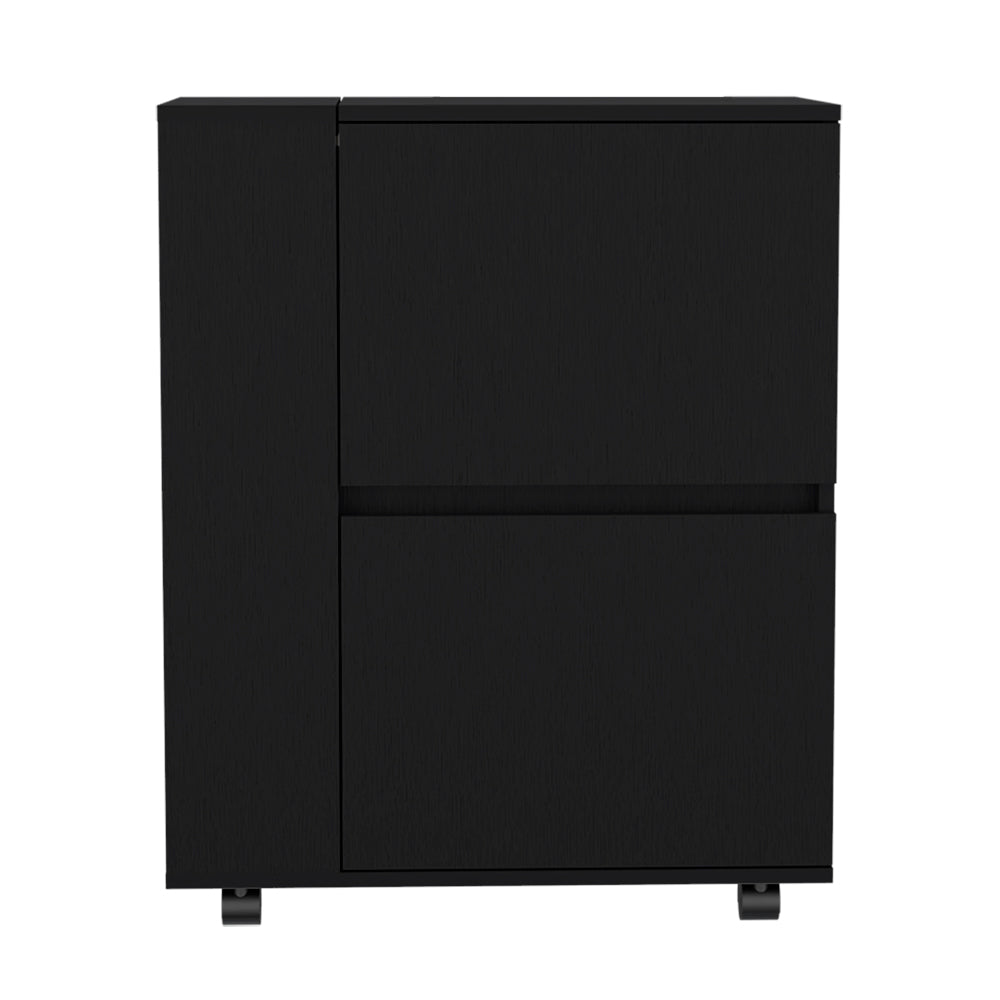 Black modern filing cabinet with two drawers and subtle wood grain texture