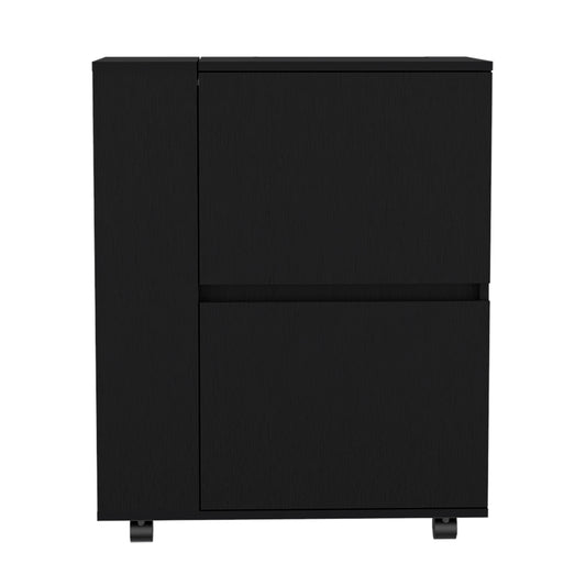 Black modern filing cabinet with two drawers and subtle wood grain texture