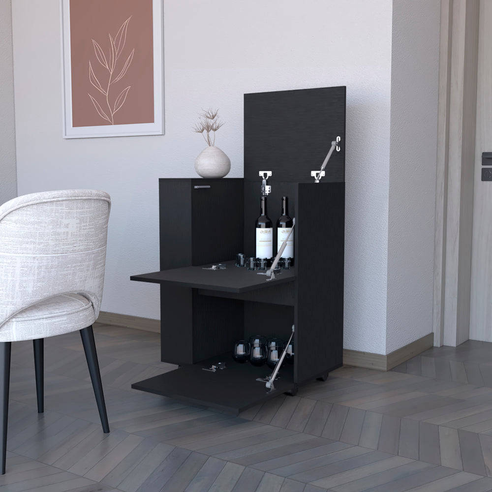 Black modern bar cabinet with dropdown shelves