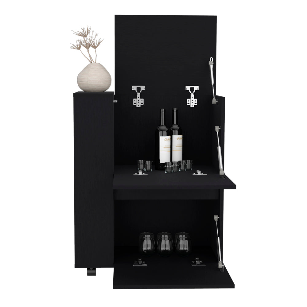 Black modern bar cabinet with two bottles of wine and shot glasses
